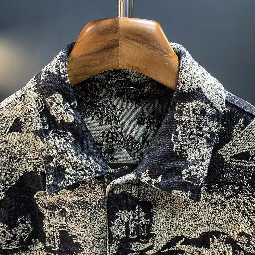 Retro Camouflage Loose Men's Jacket Long Sleeve Embroidered Denim Coat Fashionable Trendy Outerwear Comfortable Fit Male Coat