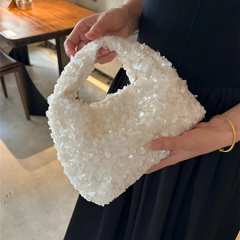 Luxury Pearlescent Sequin Elegant Clutch Purse,Niche French Designer Dumpling Cloud Hobo Evening Bag,Crescent Women Handbag