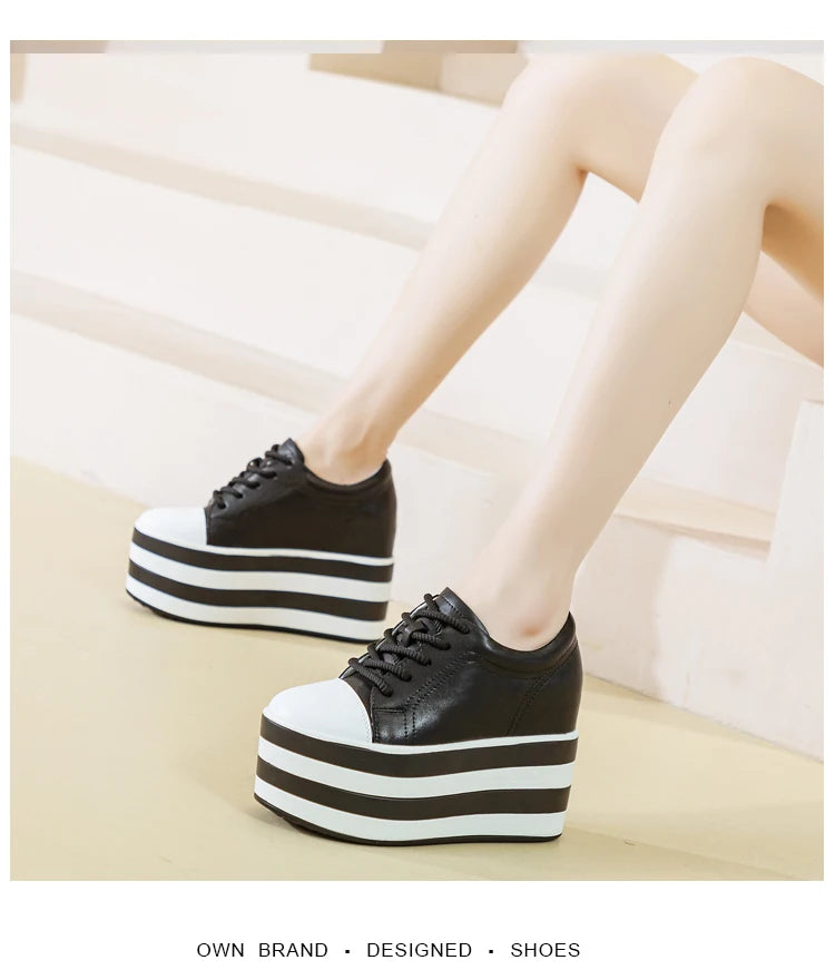 12cm Genuine Leather Platform Wedge Chunky Sneaker Hidden Heels Casual Breathable New Spring Autumn High Brand Vulcanize Shoes