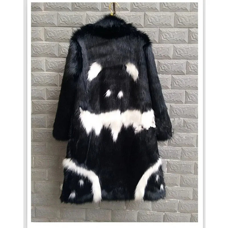 Cool Winter Unisex Thickening faux fur Long jacket Black Gown white devil windbreaker Imitation Faux Fox grimace Fur Coat