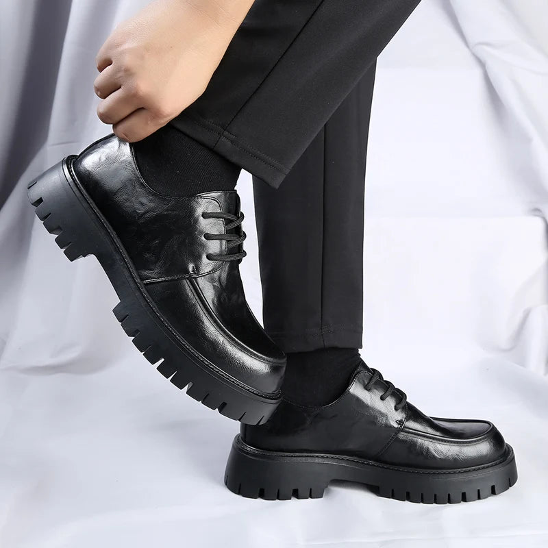 Men's Fashion Genuine Leather British Style Thick Bottom Work Shoes Classic Lace Up Comfortable Anti Slip Big Head Leather Shoes