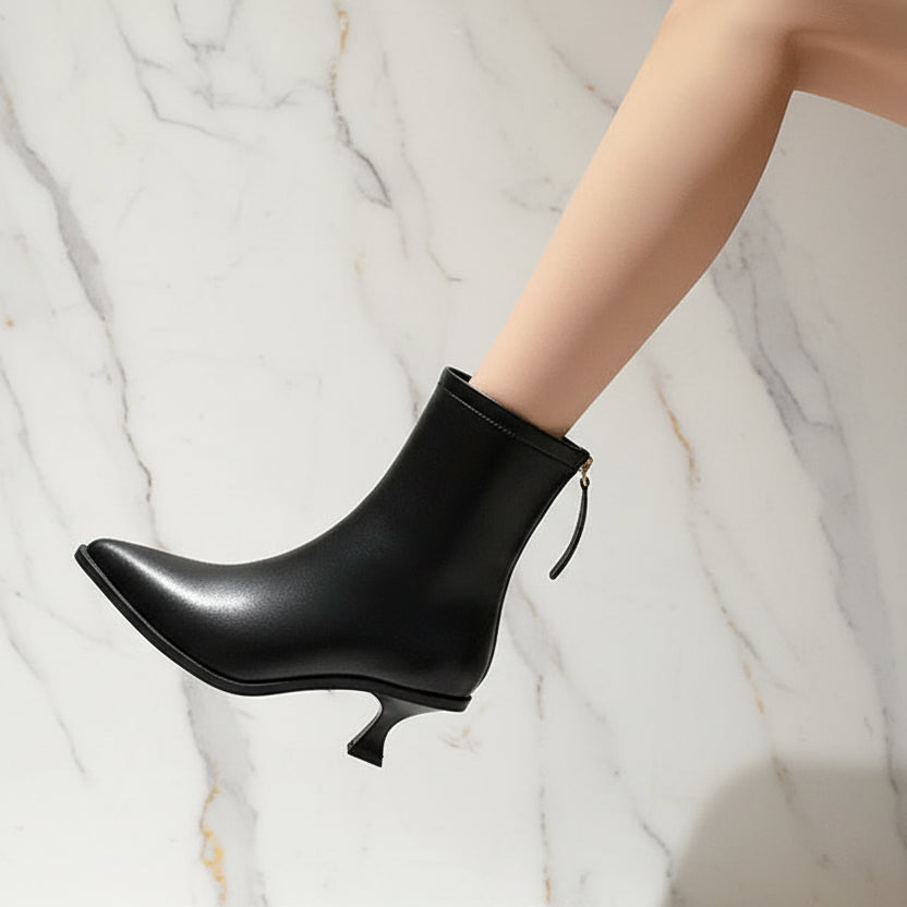 Chic Leather Women Ankle Boots Autumn Winter Office Lady Pointed Toe Thin High Heels  Short Booties Army Green