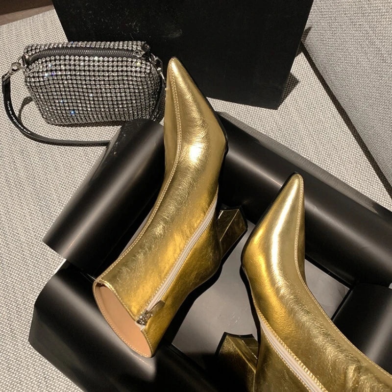 2025 New Women's Fashion Chunky Single Boots Fall New Pointy Bright Side Zipper Comfortable High Heel Ankle Boots