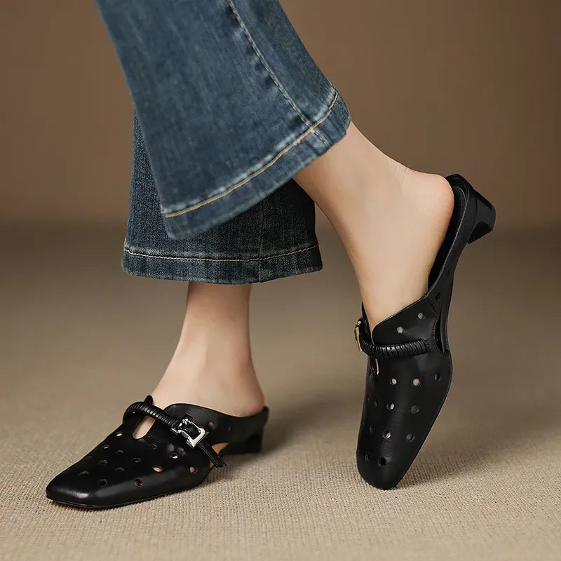 Genuine Leather Hollow Slippers Women Covered Toe Thick Heels Dating Buckle Mules Ladies Summer Leisure Slippers