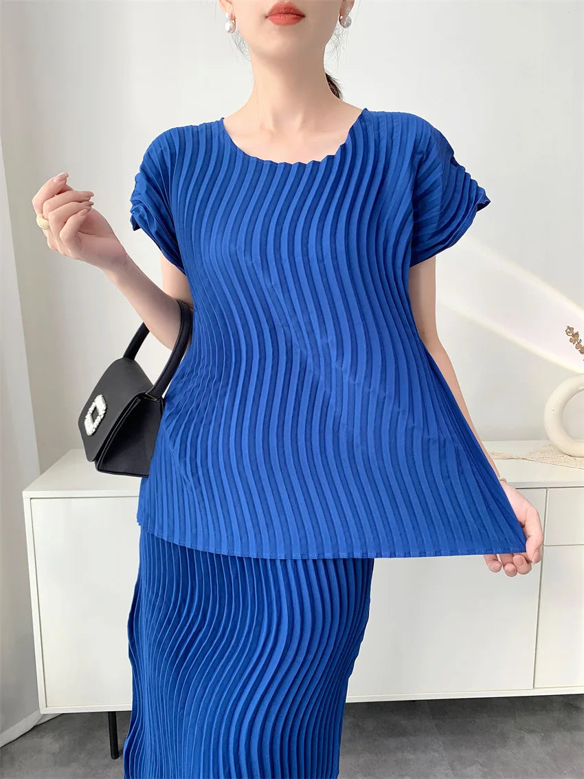 Miyake Pleated Women's Casual Solid Color Round Neck Short-sleeved Loose Versatile T-shirt Tops Fashionable Pullover Shirt
