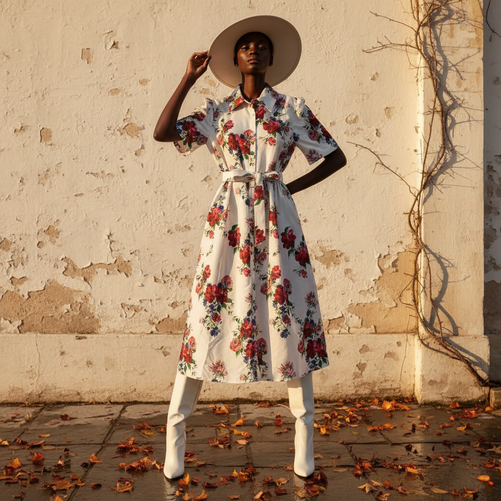 Retro print lapel single breasted slim waisted dress 2026 summer women's shirt skirt fashionable loose oversized puffy skirt