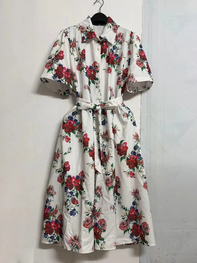 Retro print lapel single breasted slim waisted dress 2026 summer women's shirt skirt fashionable loose oversized puffy skirt