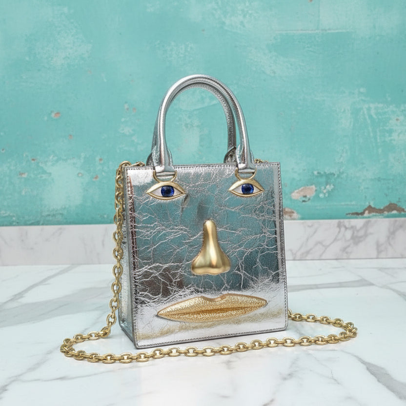 2026 Summer New Women's Surreal  Leather Handbag 3D Face Hand Grip Pattern Tote Bag Silver Patent Leather Square Versatile Shoulder Bag