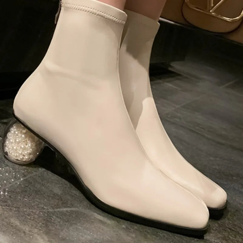 Stretchable Short Boots Women Square Toe Pearl Heels Young Ladies Fashion Ankle Boots Female Party Dating Shoes