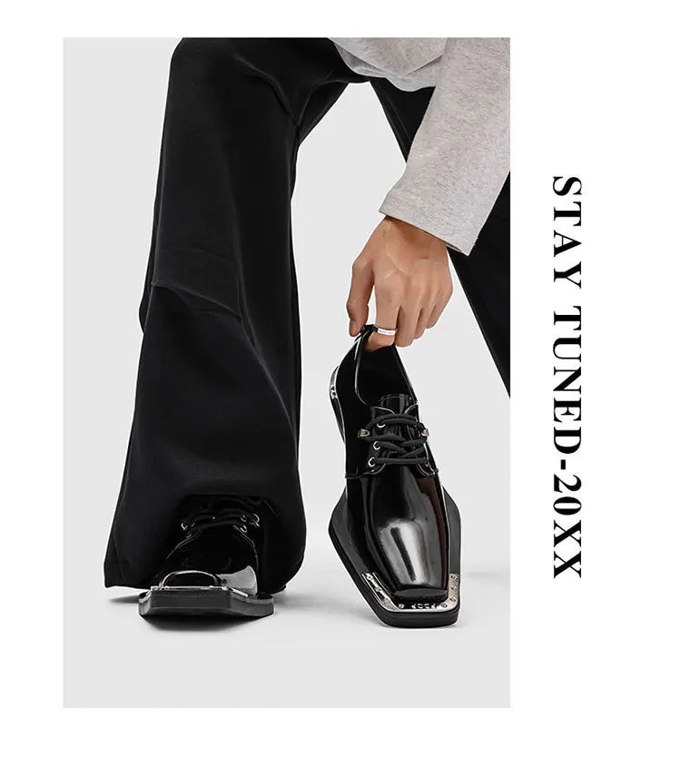Metal Square Toe Derby Shoes Fashionable Thick Soled Lace Up Design Upturned Toe Thick Heel Trendy Men's Casual Leather Shoes