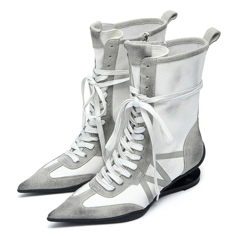 Pointed Toe Cross-tied Designer Women Boots Warm Strange Heel Retro Ankle Boots Zip Street Style Fashion High Short Boots Female
