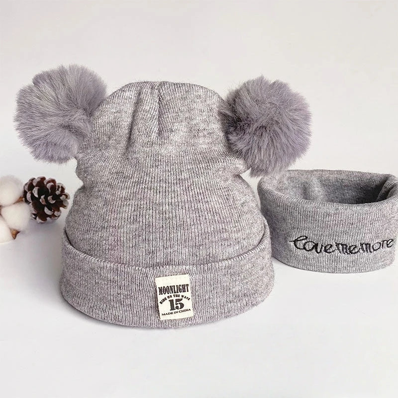 Autumn Winter Warm Baby Knitted Hats with Scarf Kids Knit Beanie Caps Solid Color Children's Hat Toddler Boys Girls Accessories