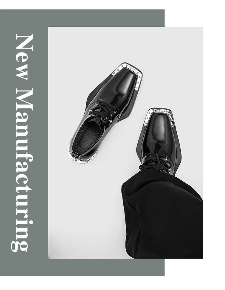 Metal Square Toe Derby Shoes Fashionable Thick Soled Lace Up Design Upturned Toe Thick Heel Trendy Men's Casual Leather Shoes