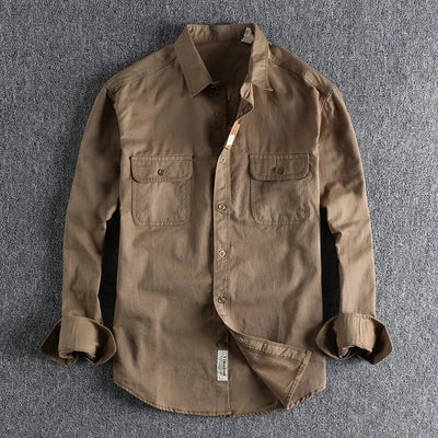 Autumn New American Retro Twill Woven Cargo Shirt Men's Fashion Pure Cotton Washed Old Long Sleeve Double Pocket Casual Blouses
