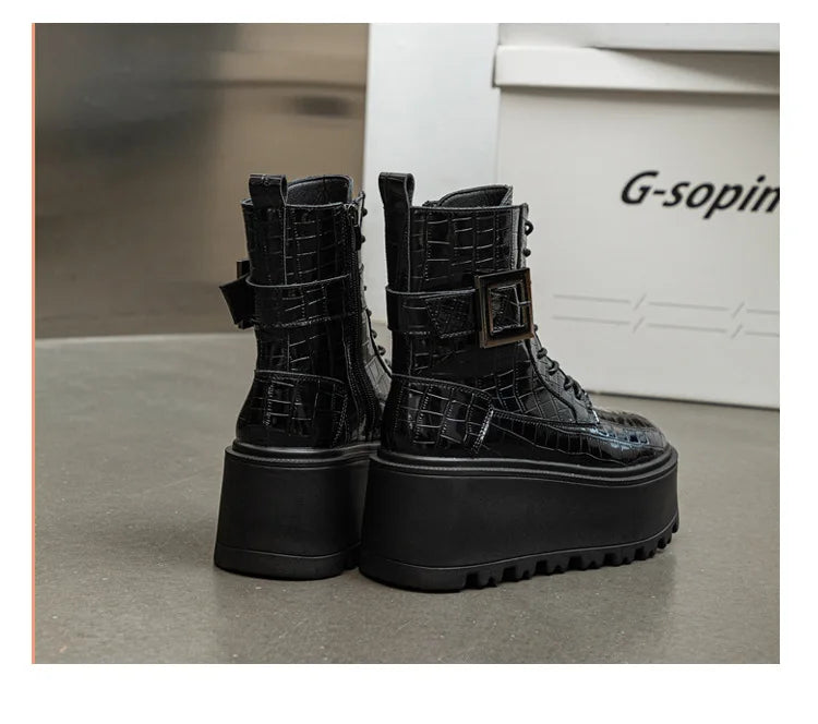 Fujin 8cm New Women Combat Boots Ankle Booties Platform Sneakers Spring Autumn Warm Fur Winter Genuine Leather Women Shoes Boot