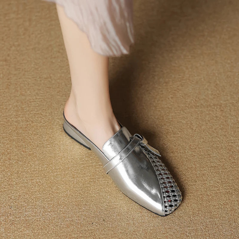 Dilalula 2025 Genuine Leather Hollow Women Mules Covered Toe Low Thick Heels Casual Slippers Ladies Summer Walk Belt Mesh Slides