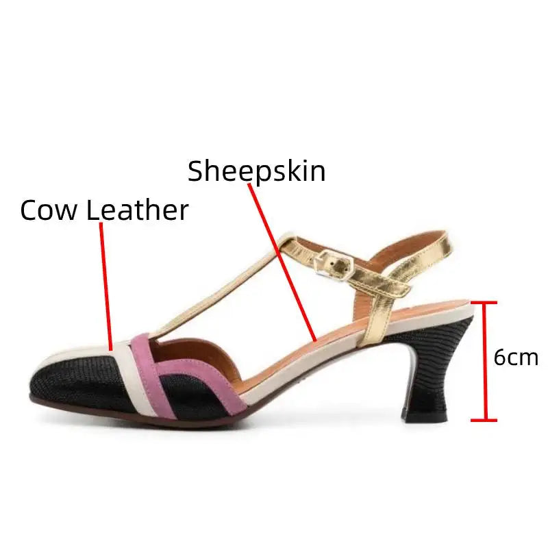 Dilalula 2025 Summer French Style T-Strap Genuine Leather Sandals Women Covered Toe High Heels Mixed Color Party Dating Sandals