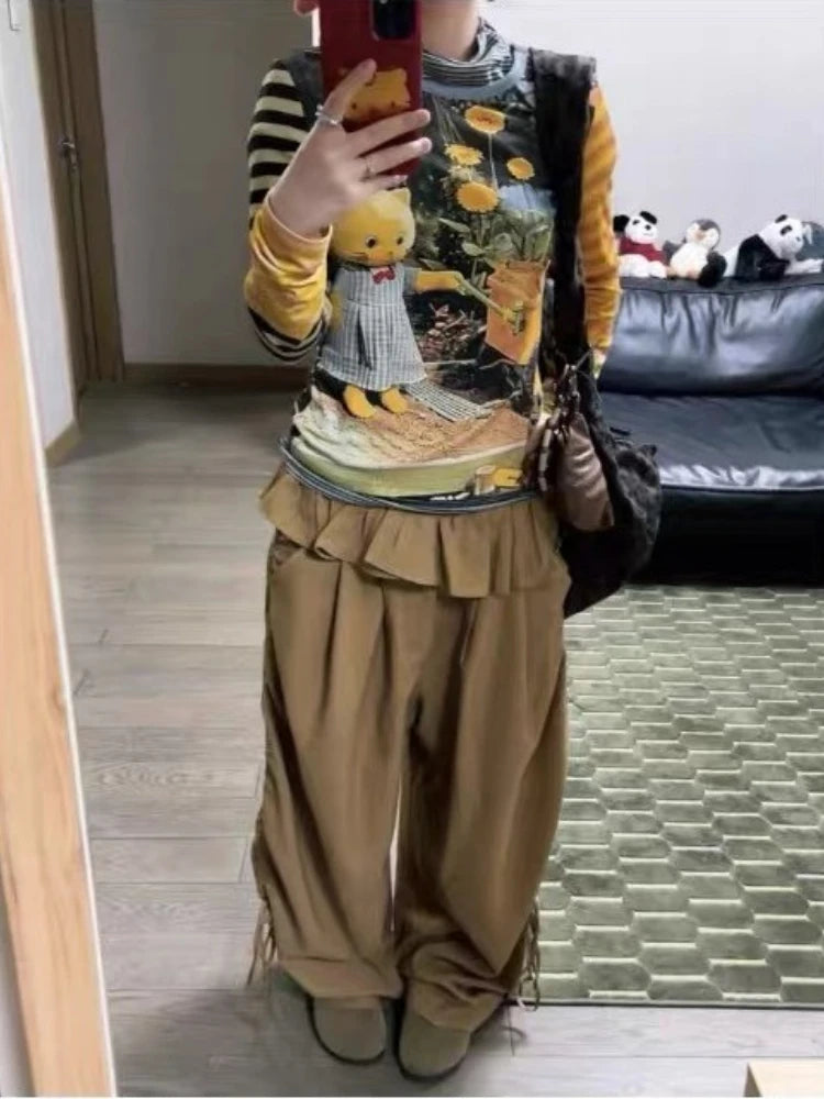 HOUZHOU Y2K Striped Graphic Juminocore Women T-Shirts Harajuku Kawaii Long Sleeve Japanese 2000s Style Tees Slim Cute Aesthetic