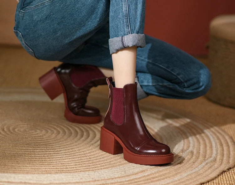 Winter Genuine Leather Chelsea Boots Women Shoes Retro Round Toe Women Platform Thick Heels Short Booties Autumn