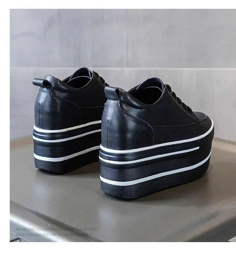 Fashion 10.5cm High Thick Heel Platform Flats Women Casual Shoes Genuine Leather Soft Quality Casual Shoe Sneakers White Black