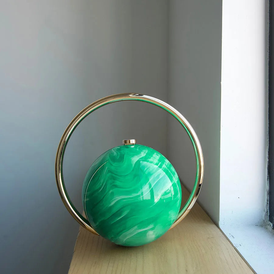 Fashion Marble Pattern Acrylic Round Evening Bag for Women Luxury Designer Metal Handle Lady Handbags Elegant Party Purses 2025