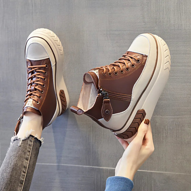 High Top Women Shoes Genuine Leather 8cm Platform Boots Ankle Wedge Hidden Heel Zip Autumn Warm Fur Winter Shoes Sneakers