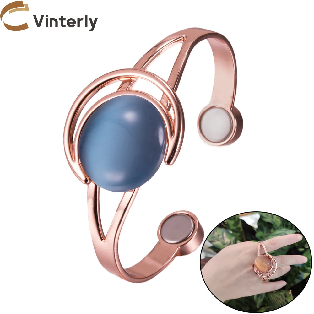 Vinterly Adjustable Magnetic Bracelet Pure Copper Brown Blue Stone High Magnet Arthritis Moon Sun Bangle Women Resizable Jewelry