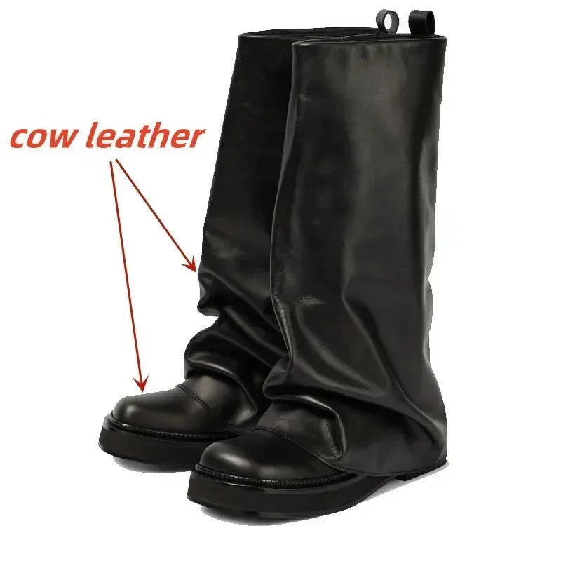 Women's Chunky Leather Flats & Knee Boots - Square Toe Loose Fit Spring-Autumn Casual Shoes with Pleated Pants