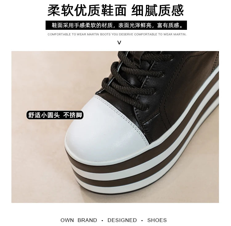 12cm Genuine Leather Platform Wedge Chunky Sneaker Hidden Heels Casual Breathable New Spring Autumn High Brand Vulcanize Shoes