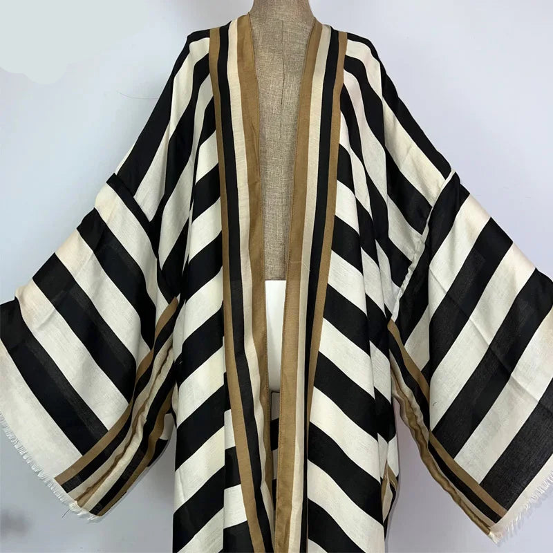 WINYI Kimono Africa Summer Boho Stripe Print Beach Swimwear Elegant Cardigan Sexy Holiday Maxi Beach Wear Swimsuit Evening Dress