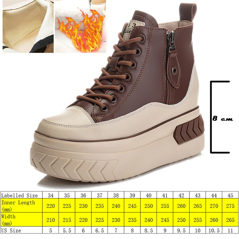 High Top Women Shoes Genuine Leather 8cm Platform Boots Ankle Wedge Hidden Heel Zip Autumn Warm Fur Winter Shoes Sneakers