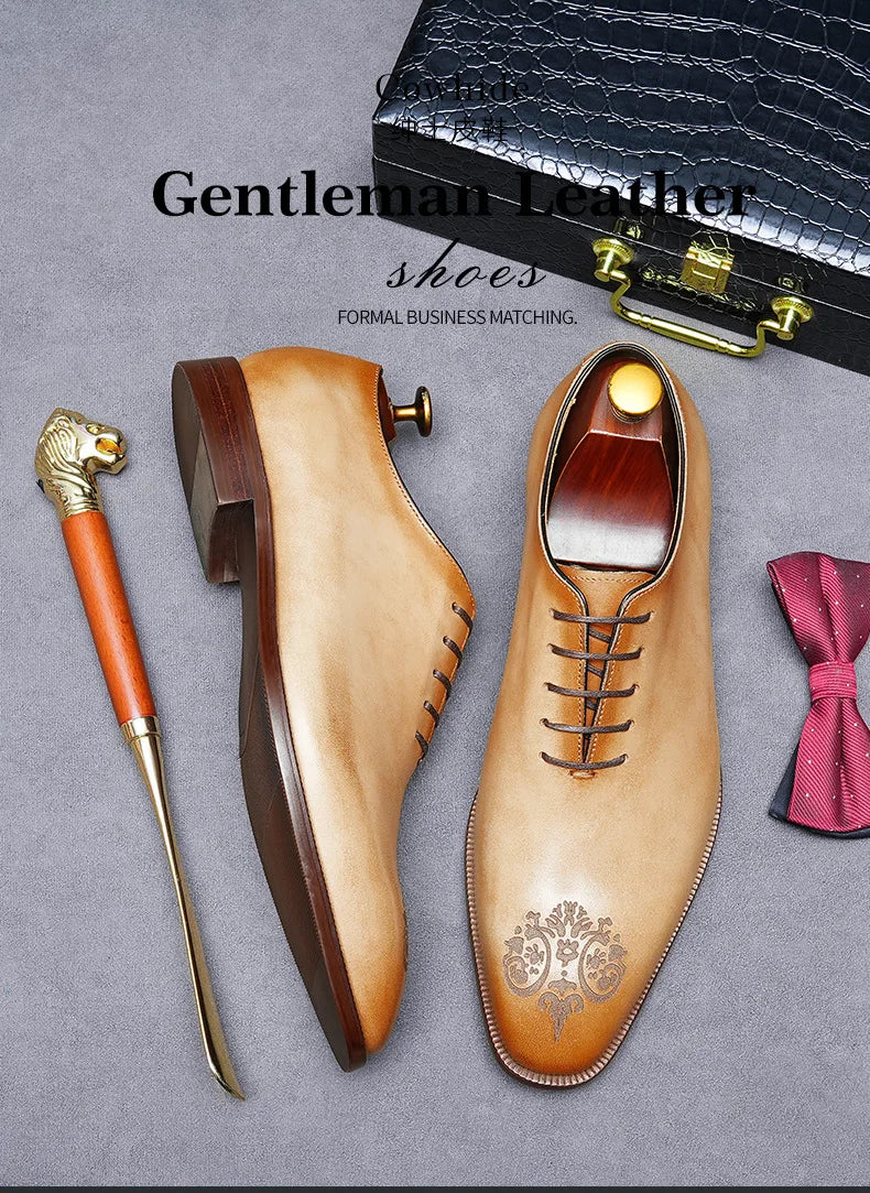 Elegant exclusive Men's Handmade Whole-Cut Leather Shoes | Genuine Cowhide, Leather Lining, Formal Business Wedding Dress Shoes