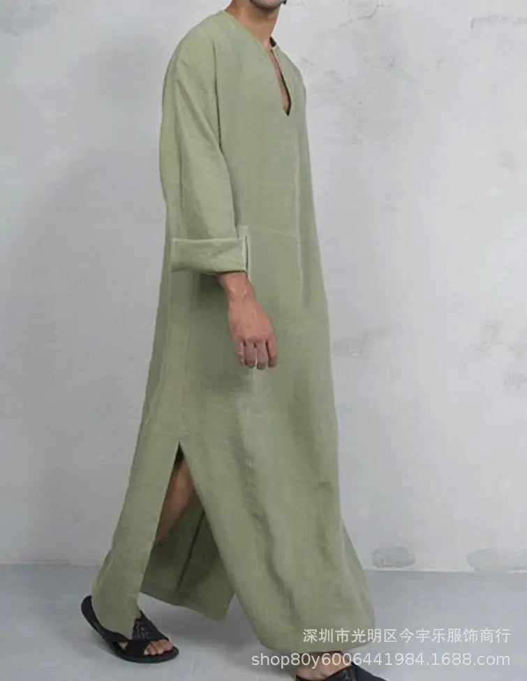 New 2026 Men Cotton Linen Long T-shirts Muslim Solid Casual Abayas Men Jubba Thobe Kaftan Arab Islamic V-neck Long Sleeve Robes