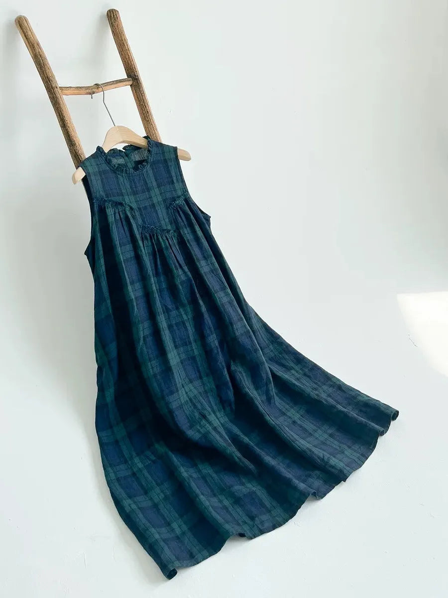 Summer 2026 Large Size Cotton Linen Plaid Vest Skirt Long Svel Dr Chest Splicing Wooden  Ear A-Line Dr