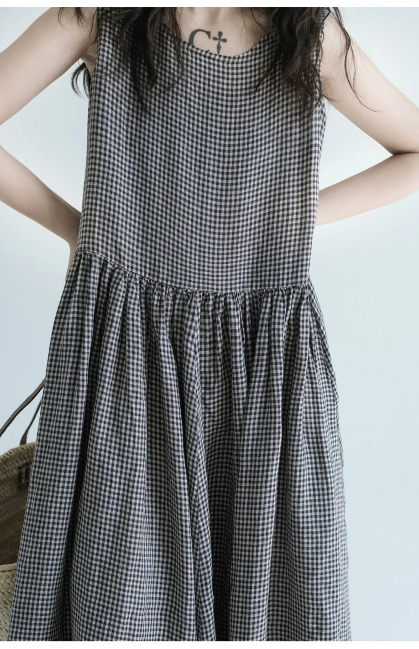 Summer New Women's Cotton Lin Loose Casual Dr High Waist A-Line Skirt Svel Vest Dr Cheered Pattern plus Size