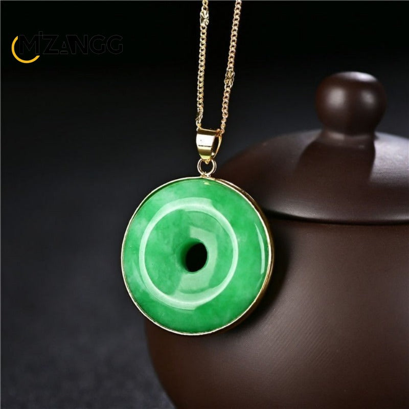 925 Silver Inlaid Natural Yang Green Jade Peace Buckle Goodluck Pendant  Men's and Women's Lutong Jadeite Necklace Exquisite Jewelry