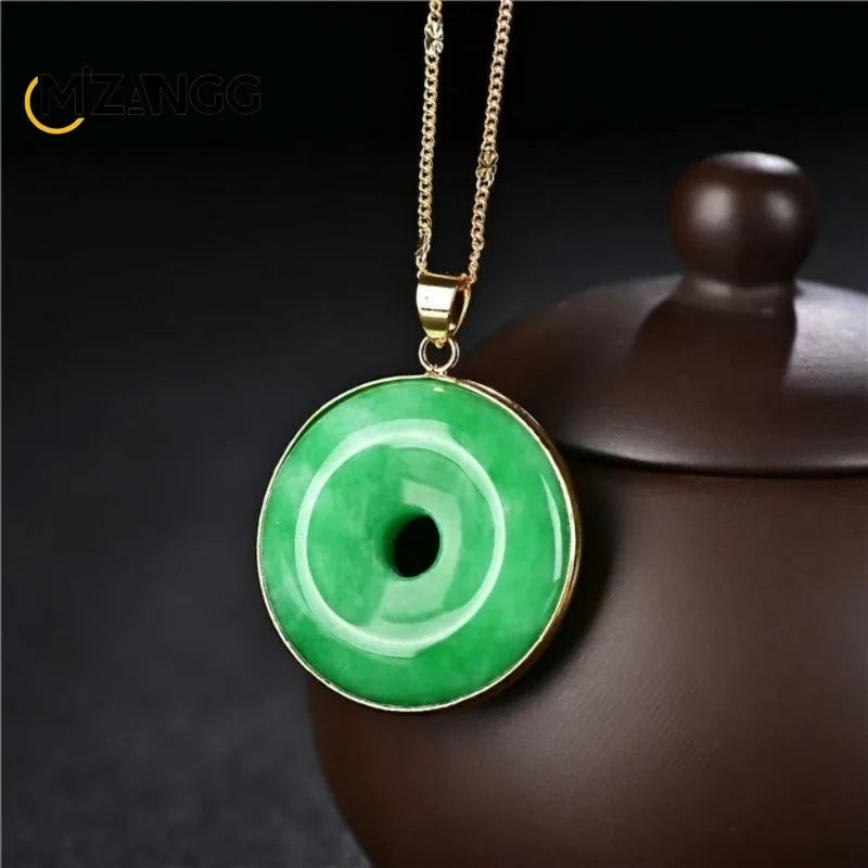 925 Silver Inlaid Natural Yang Green Jade Peace Buckle Goodluck Pendant  Men's and Women's Lutong Jadeite Necklace Exquisite Jewelry
