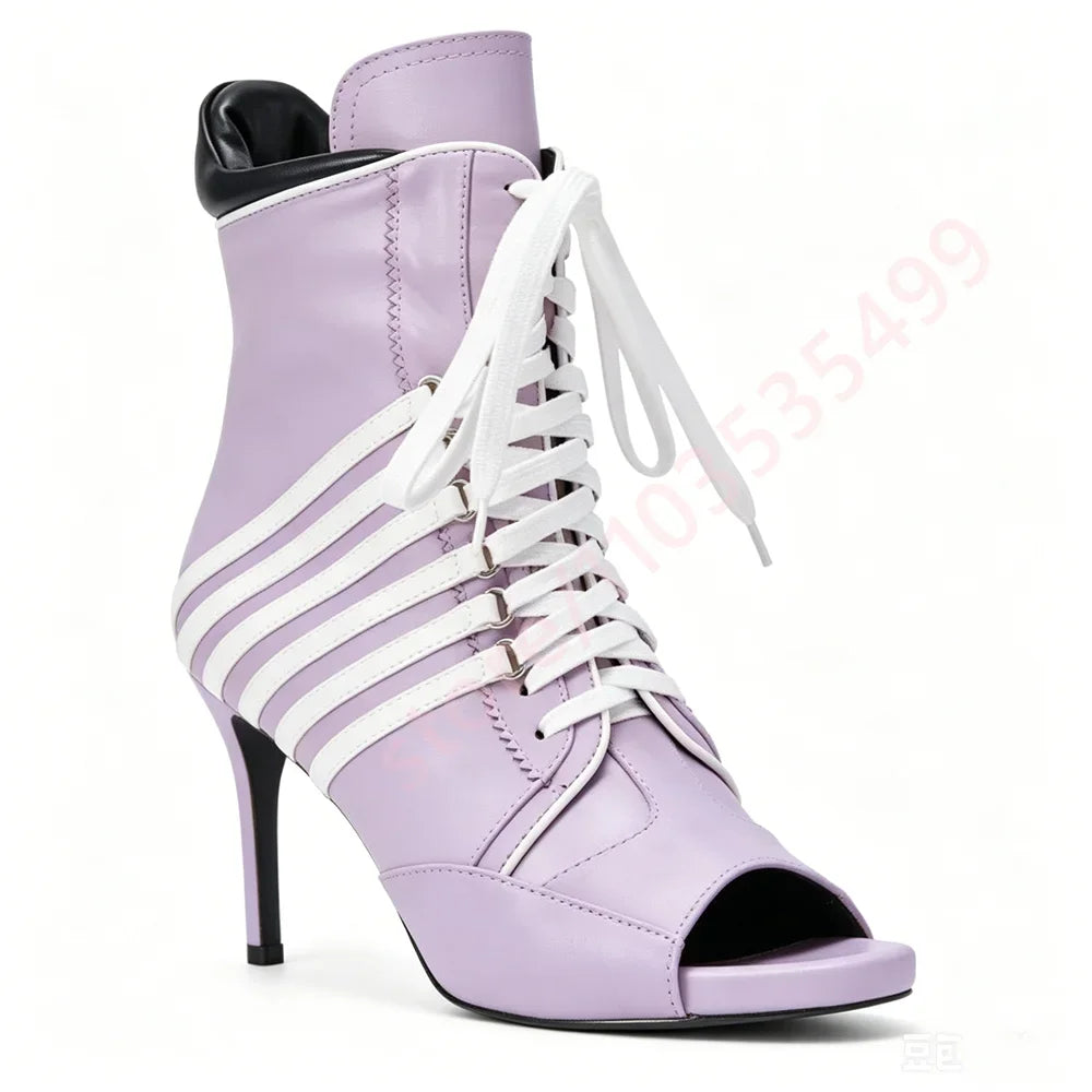 2026 Striped Peep Toe Ankle Women Boots Summer New Style Front Lace Up Thin Stiletto High Heel Fashion Streetwear Booties