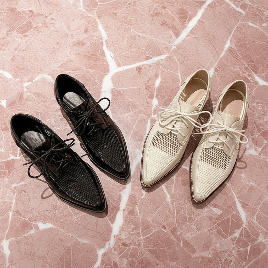 Spring Summer Genuine Leather Mesh Pumps Women Pointed Toe Lace Up Med Thick Heels Breathable Office Ladies Shoes 2025