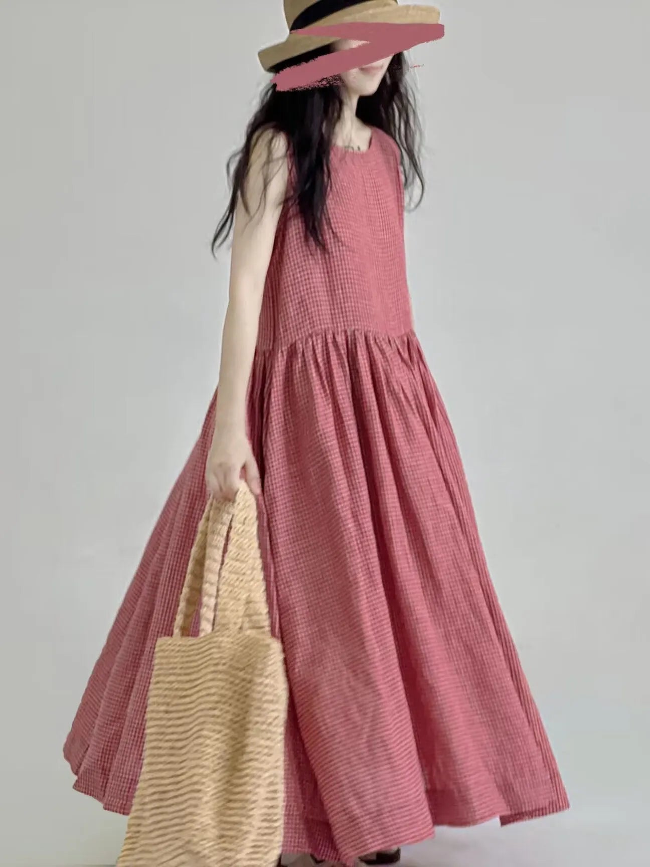 Summer New Women's Cotton Lin Loose Casual Dr High Waist A-Line Skirt Svel Vest Dr Cheered Pattern plus Size