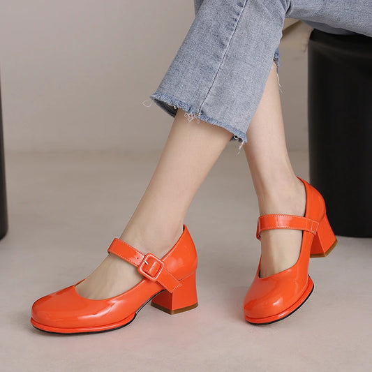 Spring Autumn Women Platform Mary Janes High Thick Heel Orange Red Patent Leather Dress Office Lady Round Toe Buckle Strap Pumps