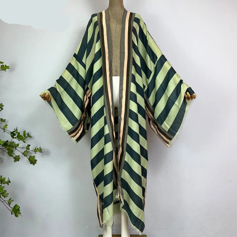 WINYI Kimono Africa Summer Boho Stripe Print Beach Swimwear Elegant Cardigan Sexy Holiday Maxi Beach Wear Swimsuit Evening Dress