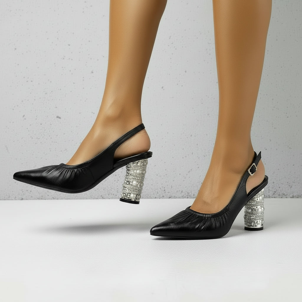 Genuine Leather Pleated Sandals Women Sexy Covered Toe Beads Decoration High Heels Ladies Party Dating Shoes