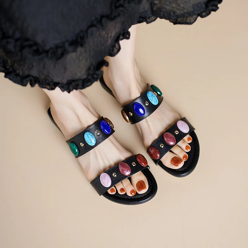 Dilalula Genuine Leather Bohemia Style Casual Slippers Women Peep Toe Low Heel Colorful Stone Decoration Slides Female Beach