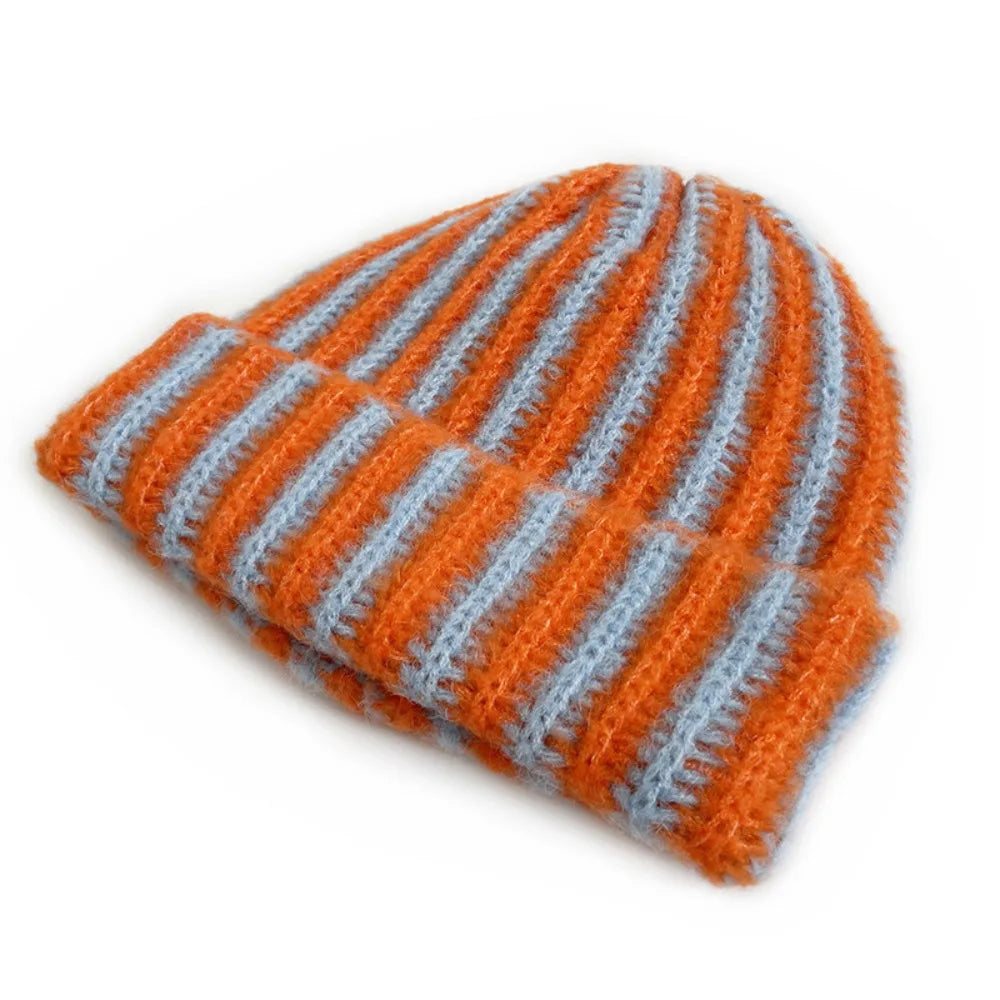 New Striped Knitted Beanie Cap Windproof Flanged Design Knitted Hat Pullover Outdoor Cycling Cold Proof Warm Hat Autumn Winter