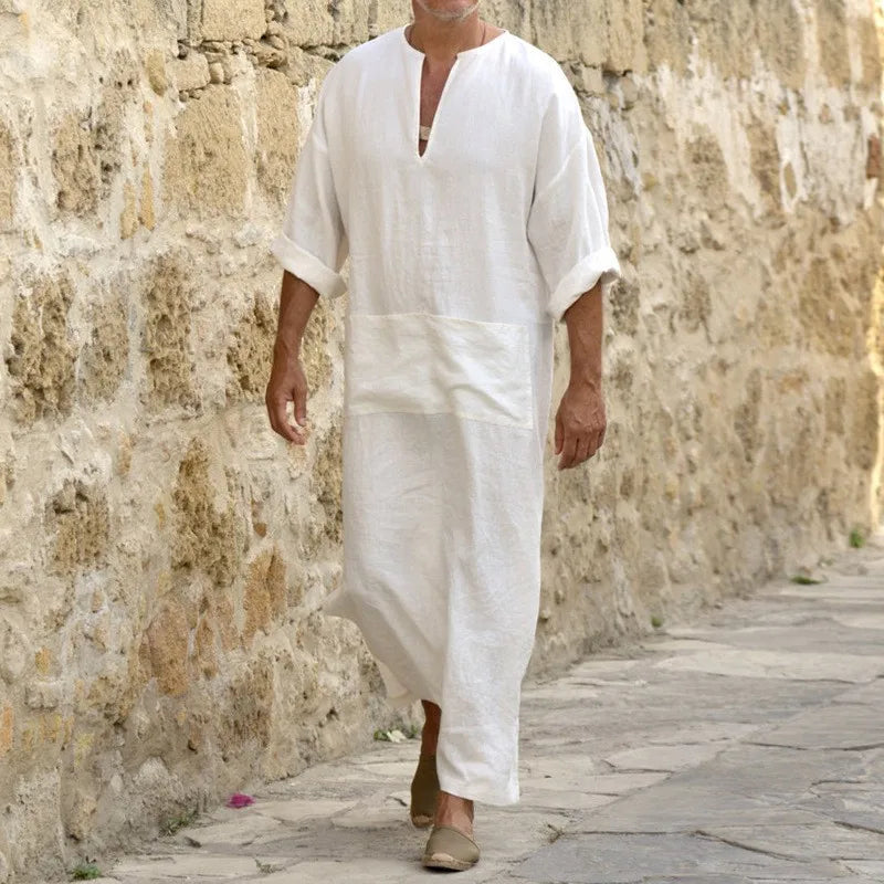 New 2026 Men Cotton Linen Long T-shirts Muslim Solid Casual Abayas Men Jubba Thobe Kaftan Arab Islamic V-neck Long Sleeve Robes