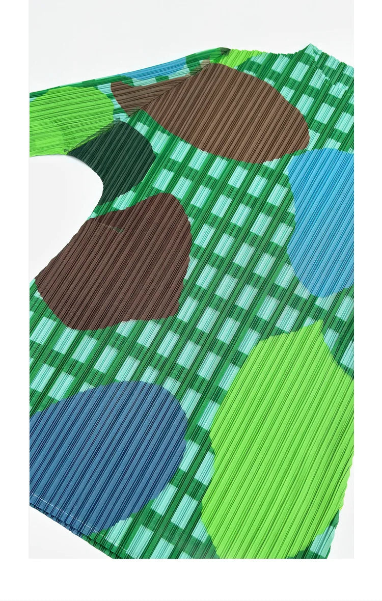 Miyake Elegant Green Plaid Color Block Print Pleated Top Mock Neck Half Sleeve Elastic Tee Daily Commute Office