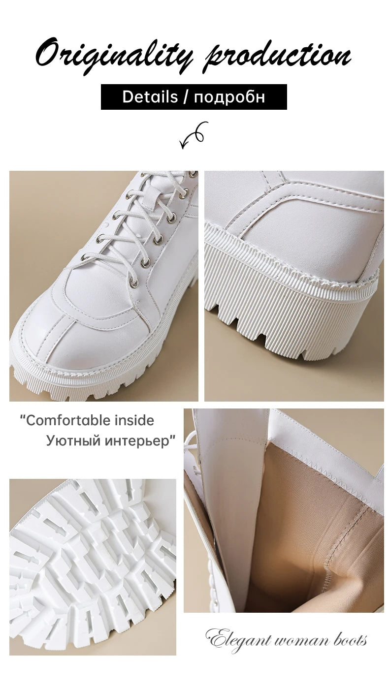 Ods Genuine Leather Women's High Knee Boots Winter Shoes Sexy Lace Up Black White Low Heels Party Shoes Girls Large Size 414243