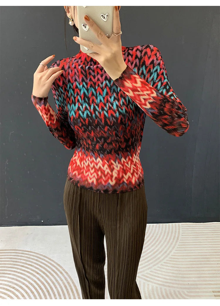 Miyake Pleated 2026 Spring and Summer New Fashion Tops Women's Long-sleeved Half-high Collar Printed T-shirt Bottoming Shirt