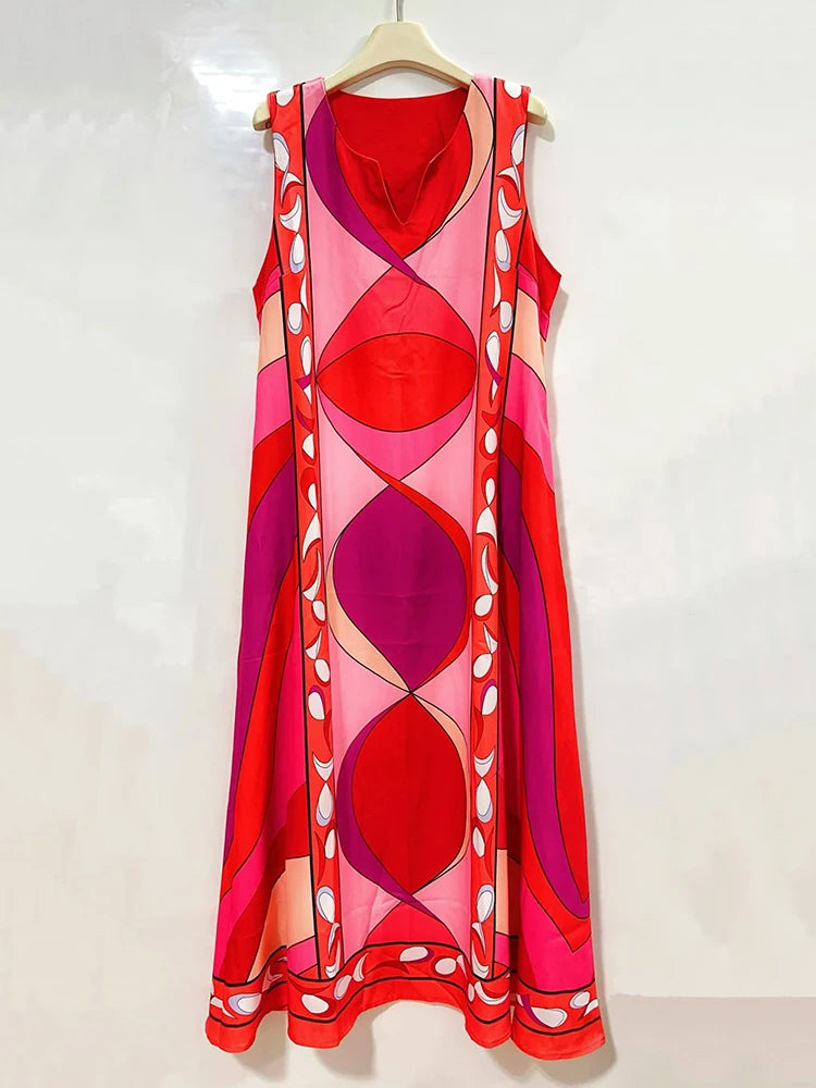 2026 Summer Women's Clothing Retro Geometric Print V-neck Pullover Sleeveless Dress Fashion Loose Large Size A-Line Tank Top